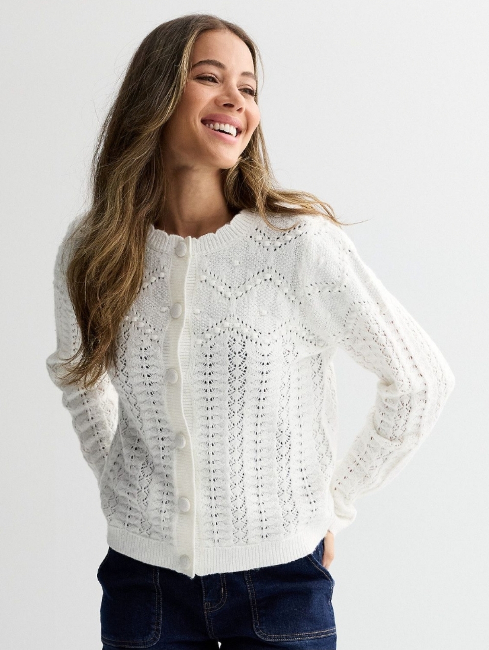 Draper James Knit Button-Front Cardigan Sweater Wool Blend Ivory Spring Small